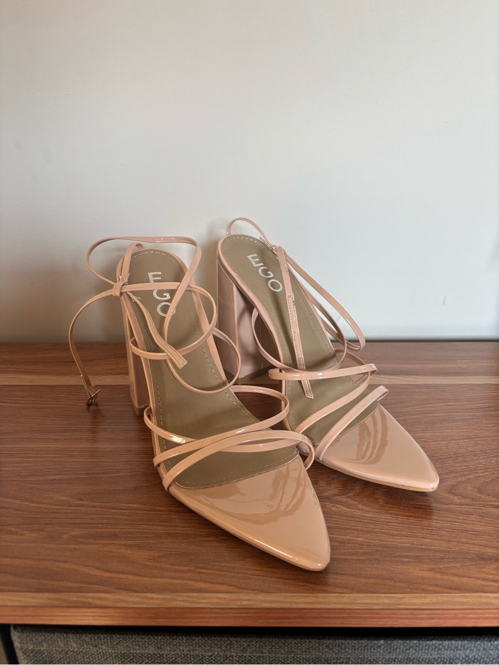 EGO Nude Patent Strappy Pointed Toe Block Heels
